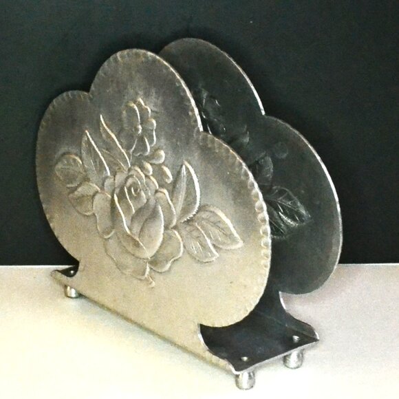 Vintage Everlast Forged Aluminium Napkin Holder Rose And Flower Design Dining - Picture 2 of 6